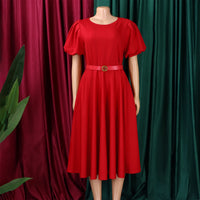 Women's Polyester O Neck Short Sleeve Belted Pleated Mid-Calf Dress