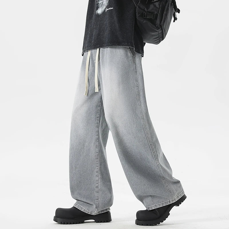 Men's Loose Wide-Leg Straight Casual Baggy Jeans in Black, Grey, and Blue