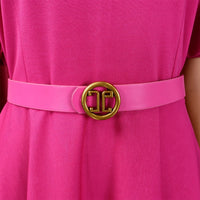 Women's Polyester O Neck Short Sleeve Belted Pleated Mid-Calf Dress