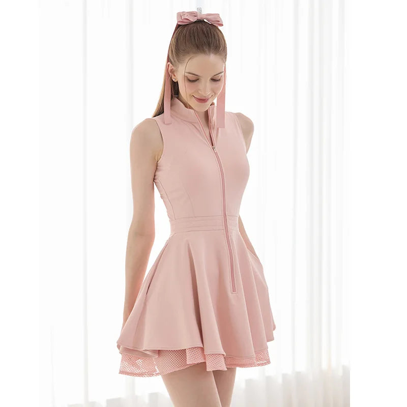Women's Sleeveless Tennis Dress with Zipper and Inner Short