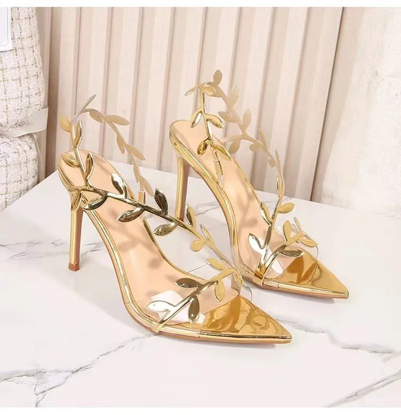 2024 Summer Fashion Patent Leather Gold Leaf Women Sandals Elegant Pointed toe Thin High heels Gladiator Sandalias Party Shoes - Buy online at  Vibe In Cart.