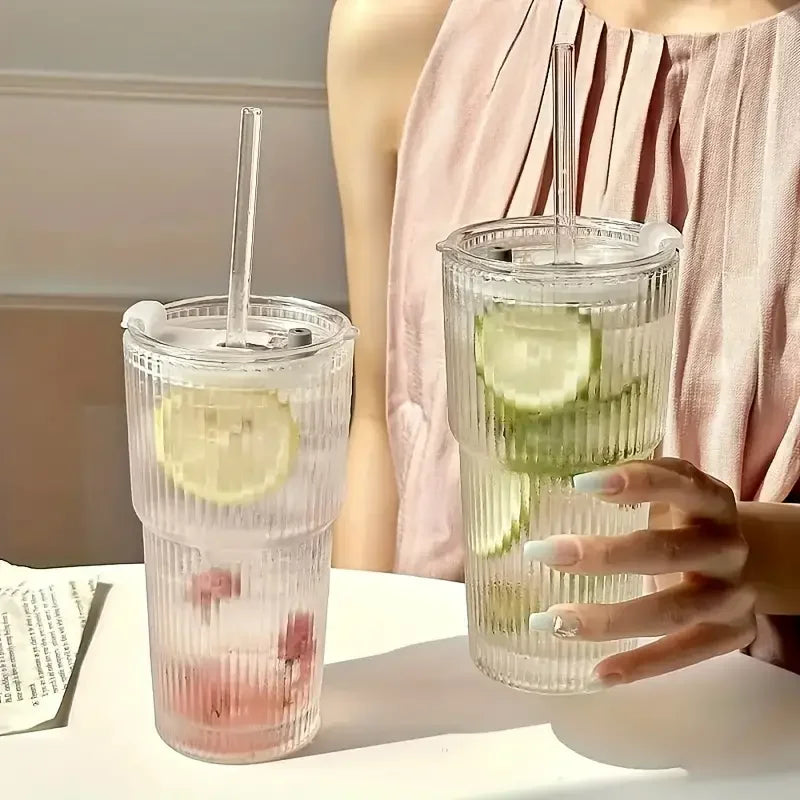 1/2pcs 600ml Stripe Glass Cup with Lid and Straw Transparent Drinking Glasses for Juice Water and Iced Coffee Cups Drinkware - Buy online at  Vibe In Cart.