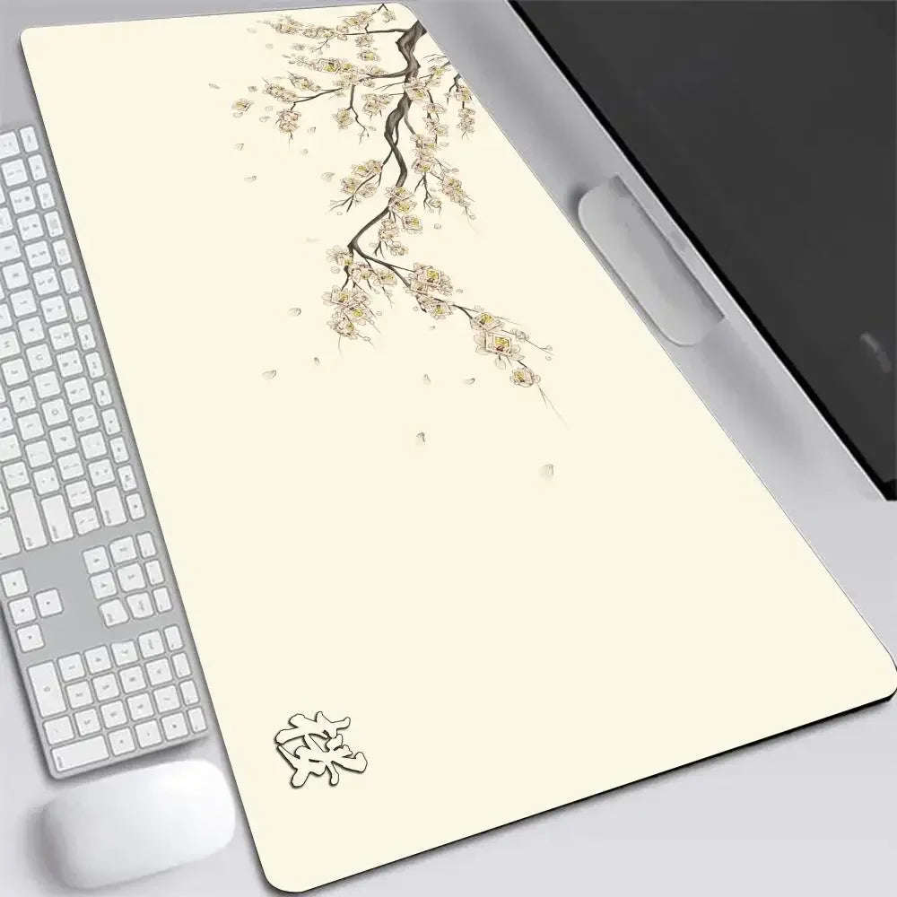 XXL Gray Rubber and Cloth Mouse Pad with Cherry Blossom Design