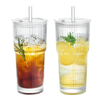 1/2pcs 600ml Stripe Glass Cup with Lid and Straw Transparent Drinking Glasses for Juice Water and Iced Coffee Cups Drinkware - Buy online at  Vibe In Cart.