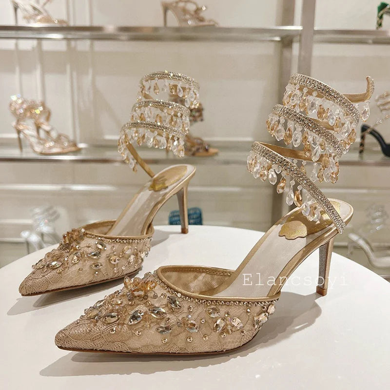 Fashion High Heels Sandals Women Shiny Crystal Tassel Snake Shaped Winding Wedding Shoes Summer Pointed Toe Stiletto Sandalias - Buy online at  Vibe In Cart.