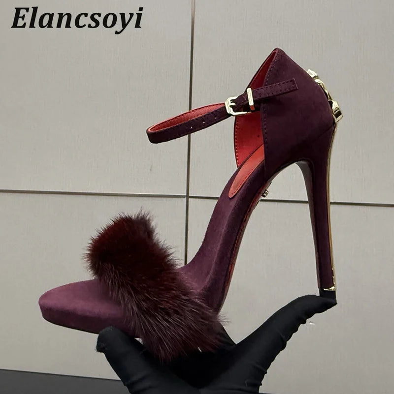 Super High Heels Sandals Women Mink Fur Metal Sword Thin Heels Open Toe Ankle Strap Sandalias Summer Fashion Party Dress Pumps - Buy online at  Vibe In Cart.