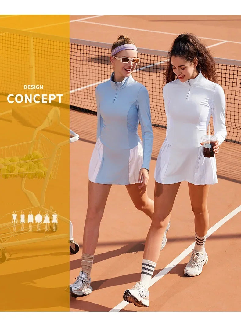 Women's Golf Long-Sleeve Suit Lady Zipper Collar Tennis Dress Fitness Yoga Running Quick Dry Skorts Pleated Outdoor Sports Dress - Buy online at  Vibe In Cart.