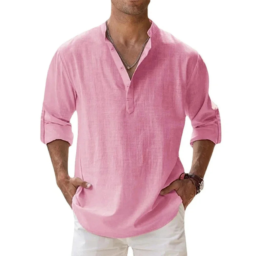 Cotton Linen Hot Sale Men's Short-Sleeved Shirts Summer Solid Color Henley Collar Casual Beach Style Hawaiian Vacation - Buy online at  Vibe In Cart.