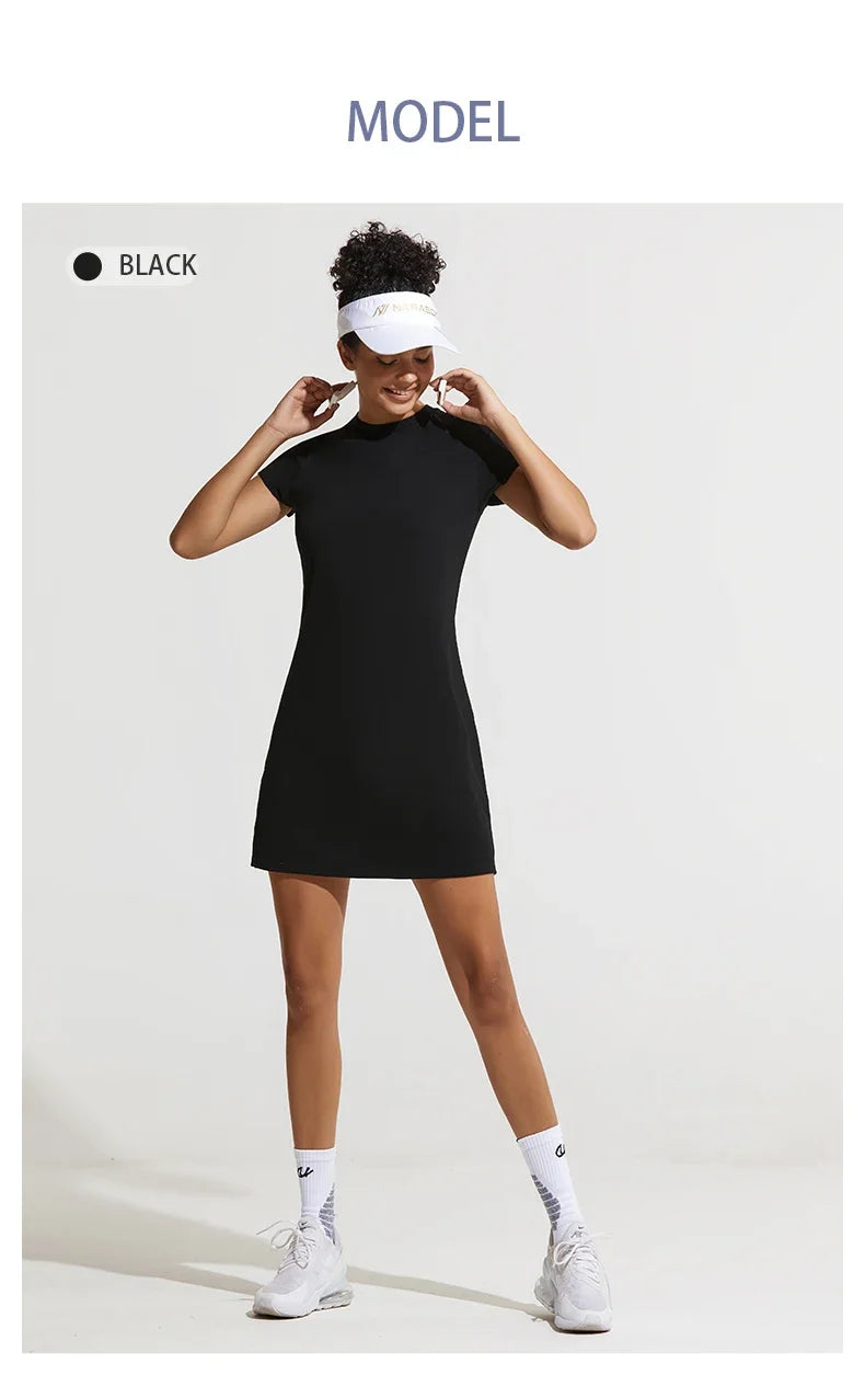 Summer Women Tennis Dress Cotton Female Short Sleeve Black Sport Dress Training Running Fitness Skirt Golf Badminton Dress Suit