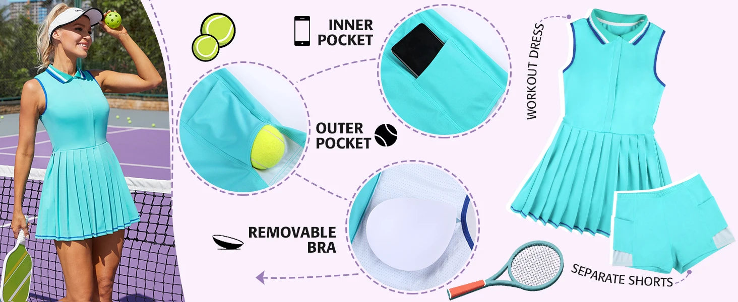 Anfilia Women Tennis Dress Polo Half Zipper Pleated with Built in Bra Separate Shorts One-Piece Slim Fit with Pockets Golf Dress - Buy online at  Vibe In Cart.