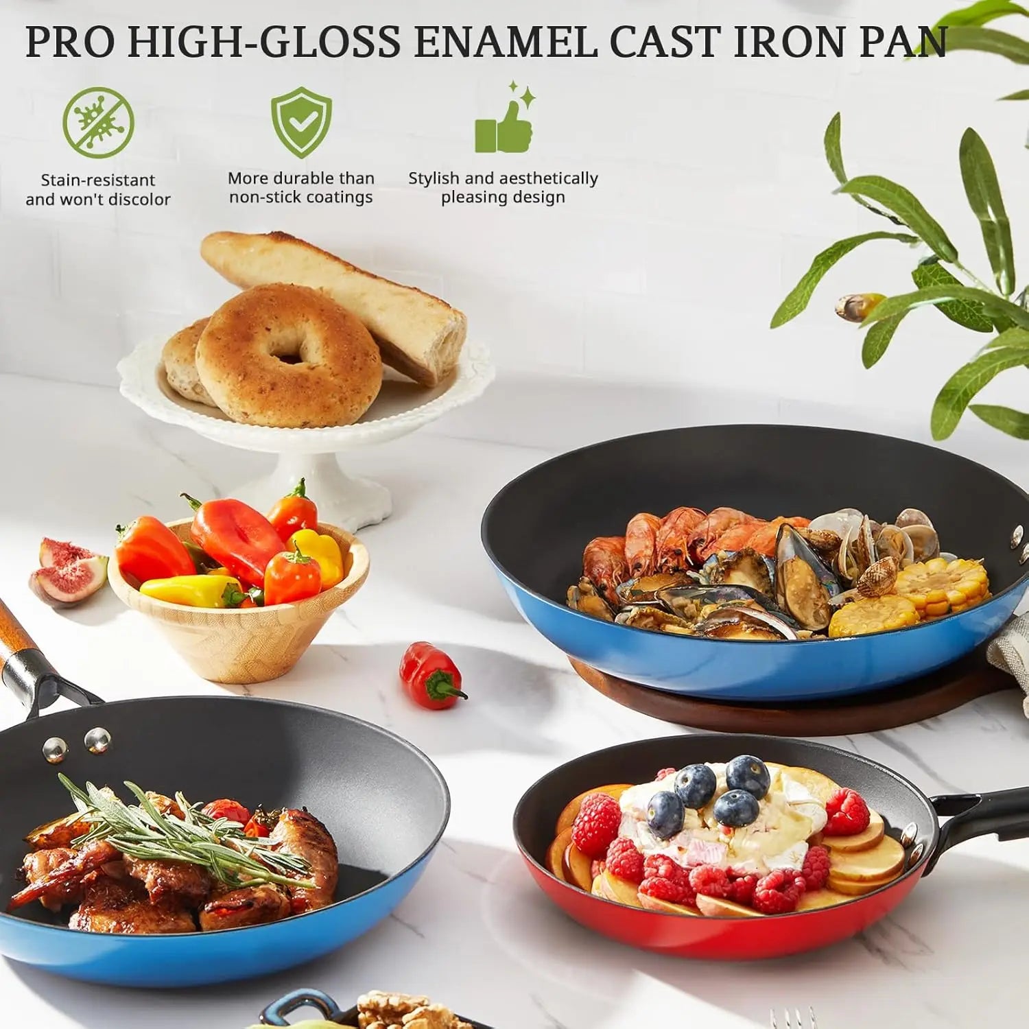 Enameled Cast Iron Skillet Set Durable Wood Handle Nonstick Skillet Collection - Titanium Cast Iron Multi-Purpose Cookware - Buy online at  Vibe In Cart.