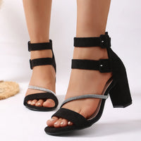 Summer New Style Women's Chunky Heel Sandals, Black Suede Double Buckle Strap Open-Toe High Heels, Plaid Decoration Commuter and Date Women's Shoes - Buy online at  Vibe In Cart.