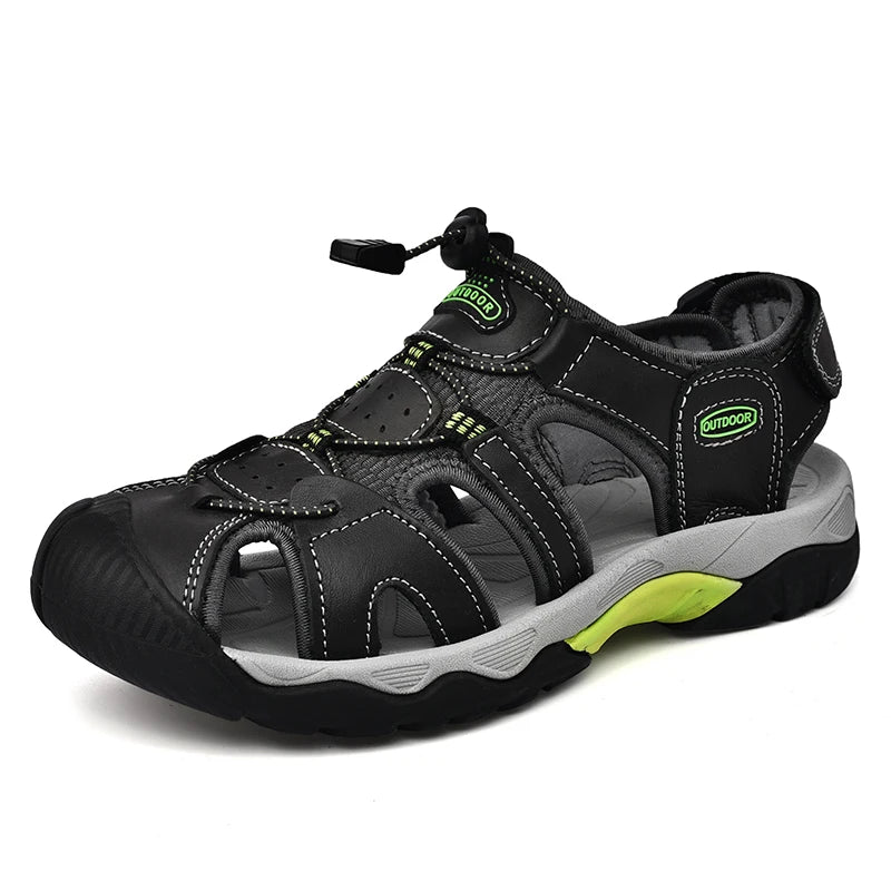 Men's Genuine Leather Outdoor Sandals with Non-Slip Rubber Sole, Sizes 38-48