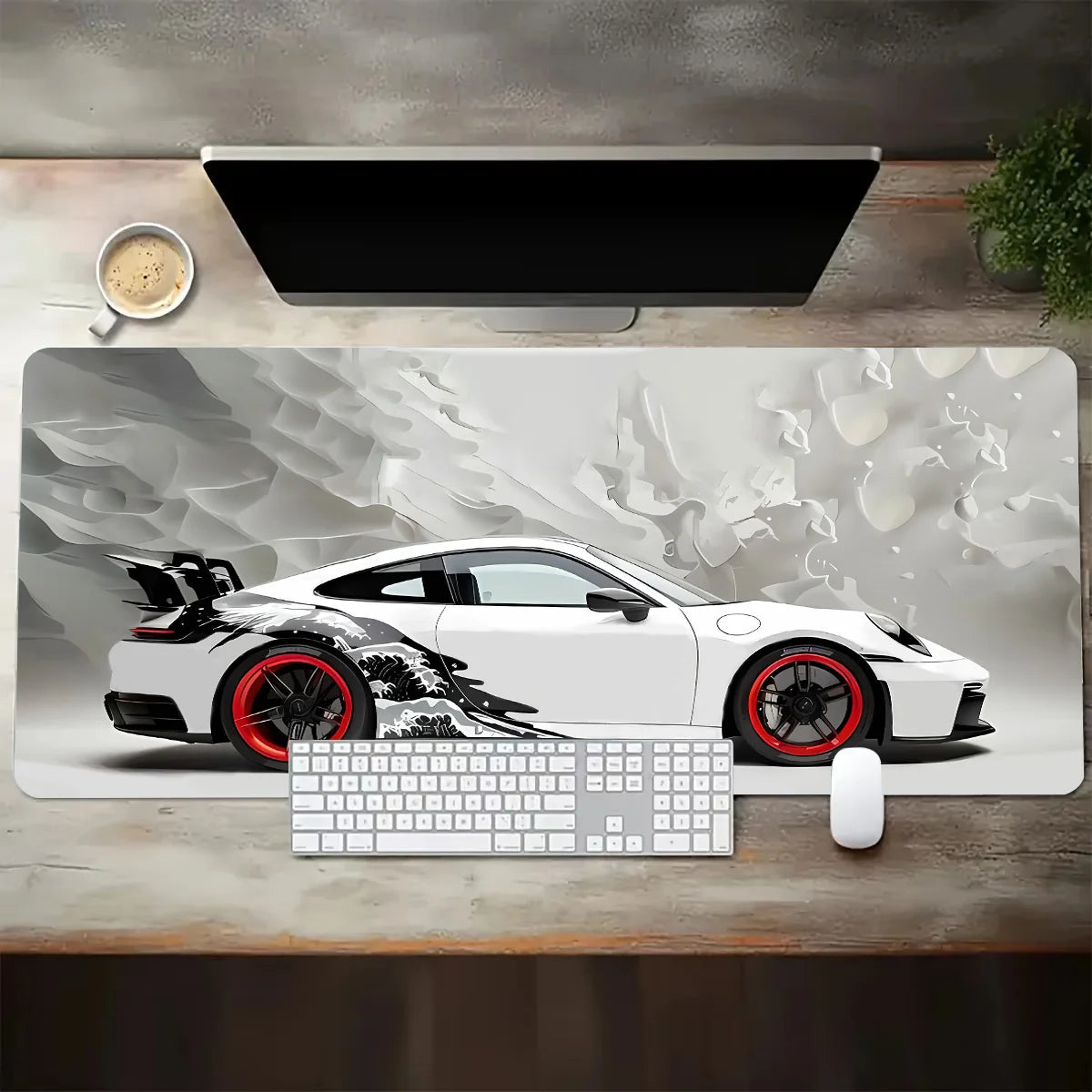 Large White Sports Car Design Gaming Mouse Pad with Anti-Slip Rubber Base