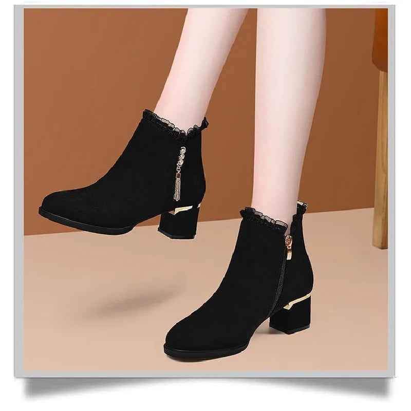 2025 New British Style Winter Boots Women - Round Toe Tassel Furry Lined Mid Heel Ankle Boots Diamond Decor Zip Side - Buy online at  Vibe In Cart.