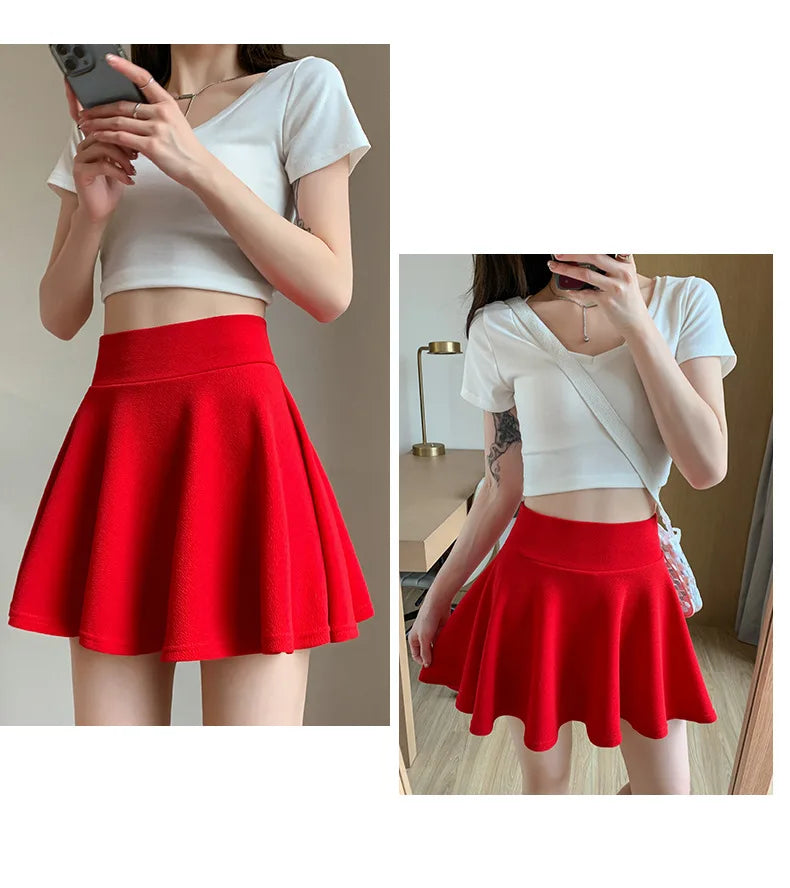 Women's Black High Waist Pleated Mini Skirt with Elastic Waist