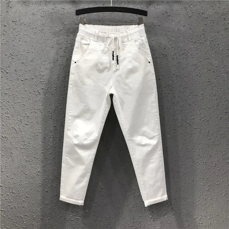 Women's White Straight Cotton Polyester Jeans Full Length