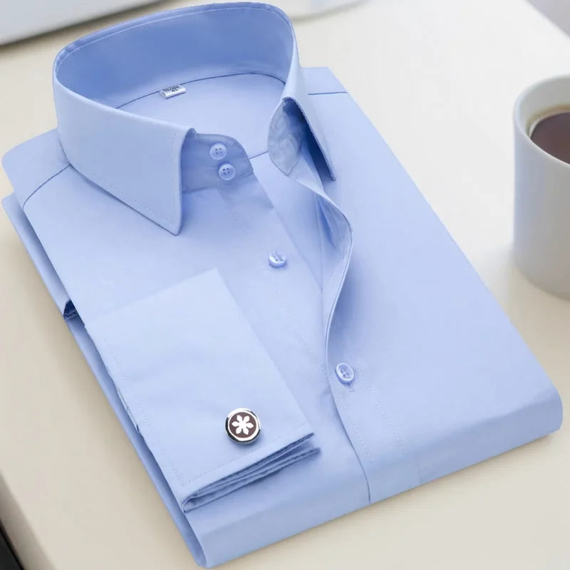 Men's French cufflinks shirt, men's slim fit long sleeved business sleeve nail free business formal men's solid color shirt - Buy online at  Vibe In Cart.