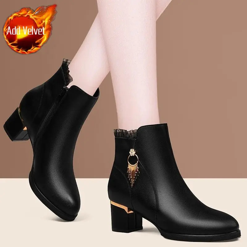 Autumn Winter Black Booties Elegant with Medium Heels Women's Ankle Boots Leather Warm Female Short Shoes Comfortable Boot Sale - Buy online at  Vibe In Cart.