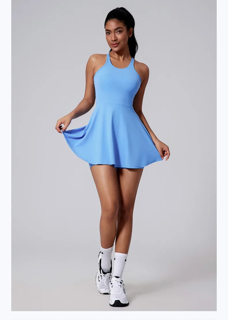 Women Beautiful Back Tennis Dress With Chest Cushion&Shorts Dreathable Outdoor Yoga Golf Skirt Workout Running Badminton Dress