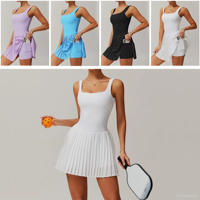 VITALINOVO Workout Tennis Dress with Built in Shorts Square Neck Padded Workout Dress with Pockets Golf Athletic Mini Dresses - Buy online at  Vibe In Cart.