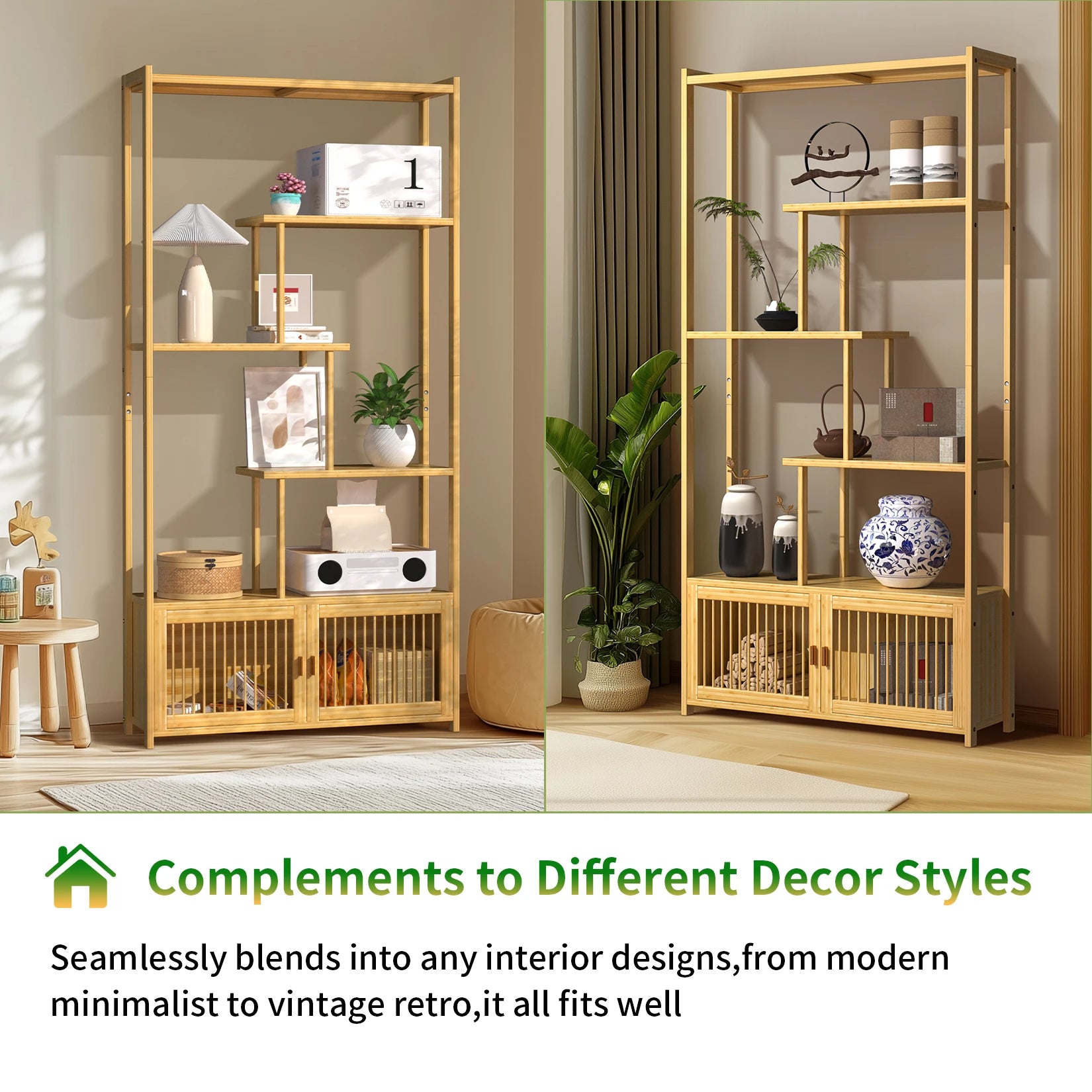 6 Tier Bamboo Bookshelf Bamboo Storage Rack with Cabinet Living Room Display Rack Storage Organizer for Home Office - Buy online at  Vibe In Cart.