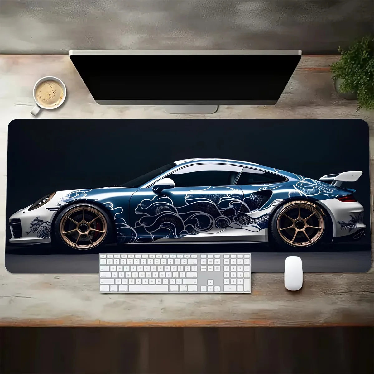 Large White Sports Car Design Gaming Mouse Pad with Anti-Slip Rubber Base