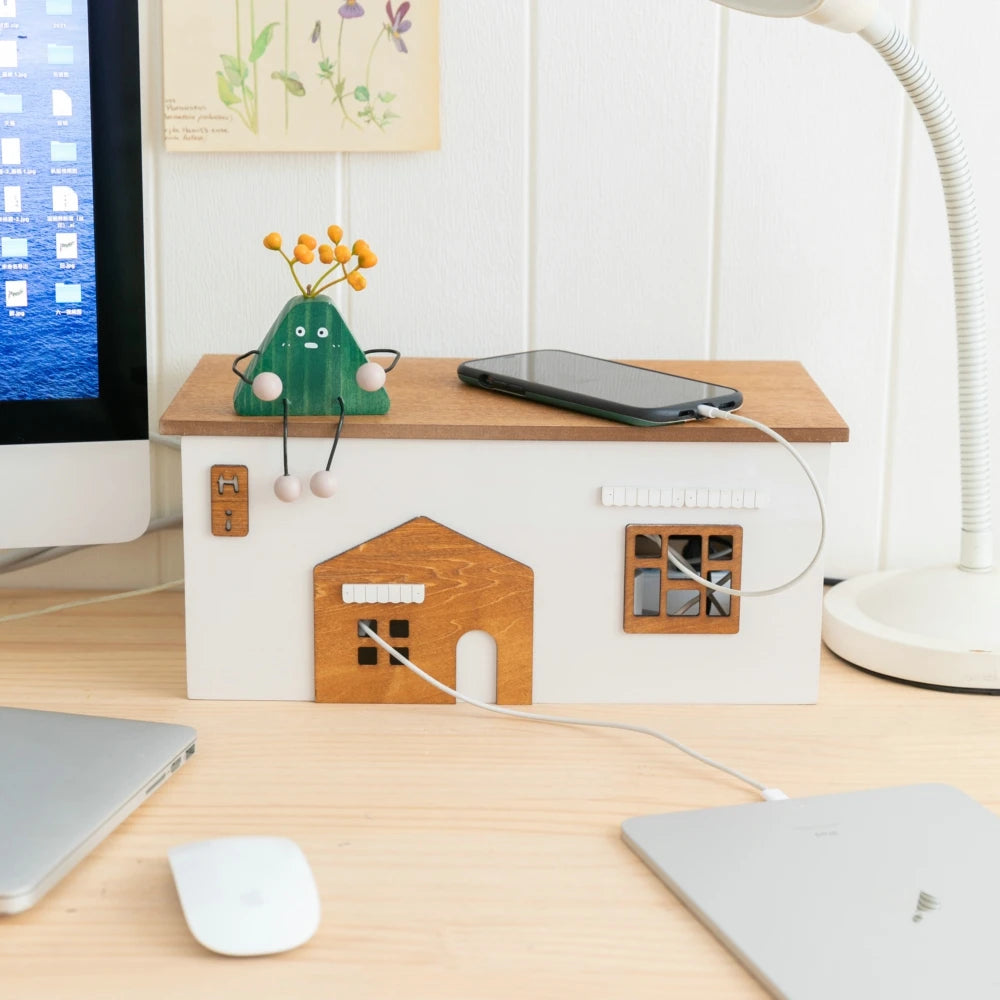 Wooden Rectangle Storage Box for Desktop Cord Organization