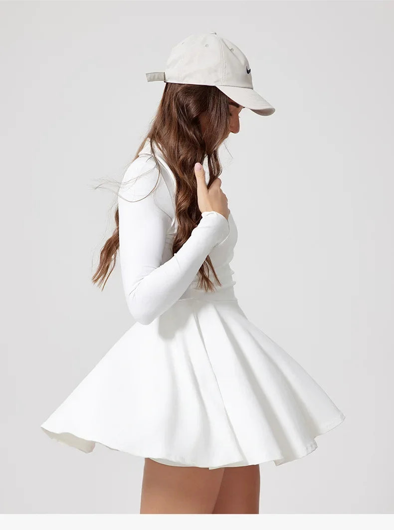 Tennis Dress One-Piece Jumpsuits Sports Fitness Golf Badminton Long-Sleeved Skorts Slim Tracksuits with Chest Pads Yoga Suits