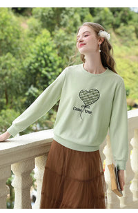 Women's Green Waffle Knitted Loose O-Neck Pullover Hoodie with Embroidery