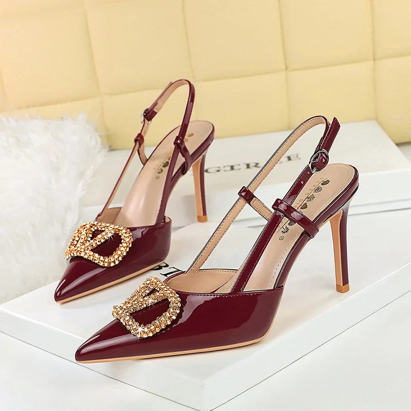 Women Metal Decoration 9cm High Heels Sandals Female Patent Leather Back Strap Pumps Lady Pointed-toe Shallow Crystal Shoes - Buy online at  Vibe In Cart.
