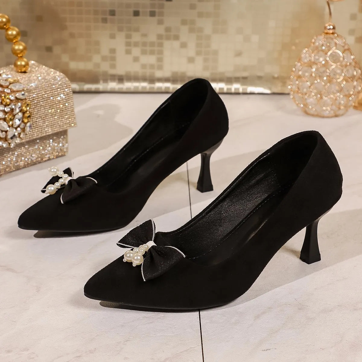2025 New Black Suede Pointed Toe High Heels with Pearl Bow Stiletto Shallow Single Shoes Women's Commuting Date Elegant Workplace Shoes - Buy online at  Vibe In Cart.