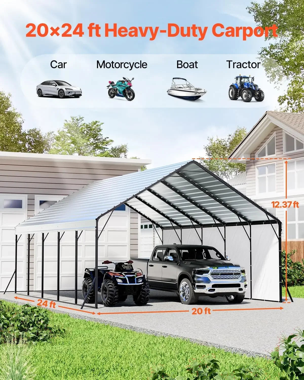 20x24 ft Heavy Duty Metal Carport, Outdoor Car Shelter with Removable PE Sidewalls, Steel Frame Garage for Car, Truck, Boat - Buy online at  Vibe In Cart.