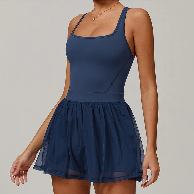 VITALINOVO Womens Tennis Dress with Built in Shorts Golf Dress Square Neck Athletic Outfits Active Dresses Raceback Padded Dress