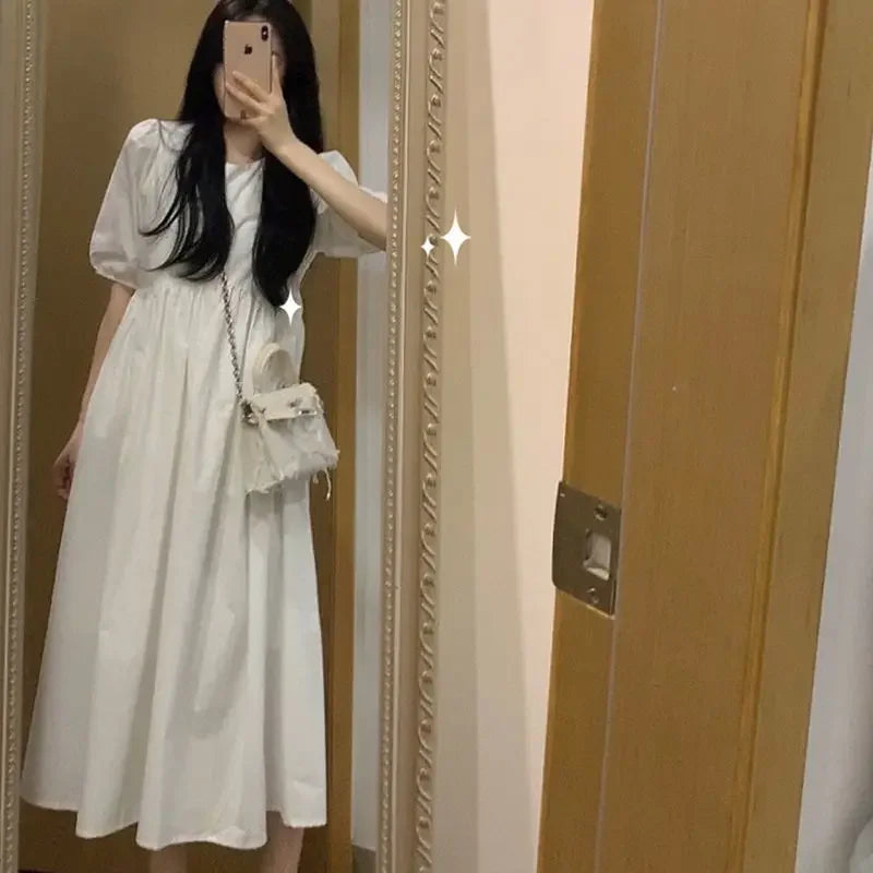 Women's Slim Fit White Midi Cotton Blend Dress, XXL