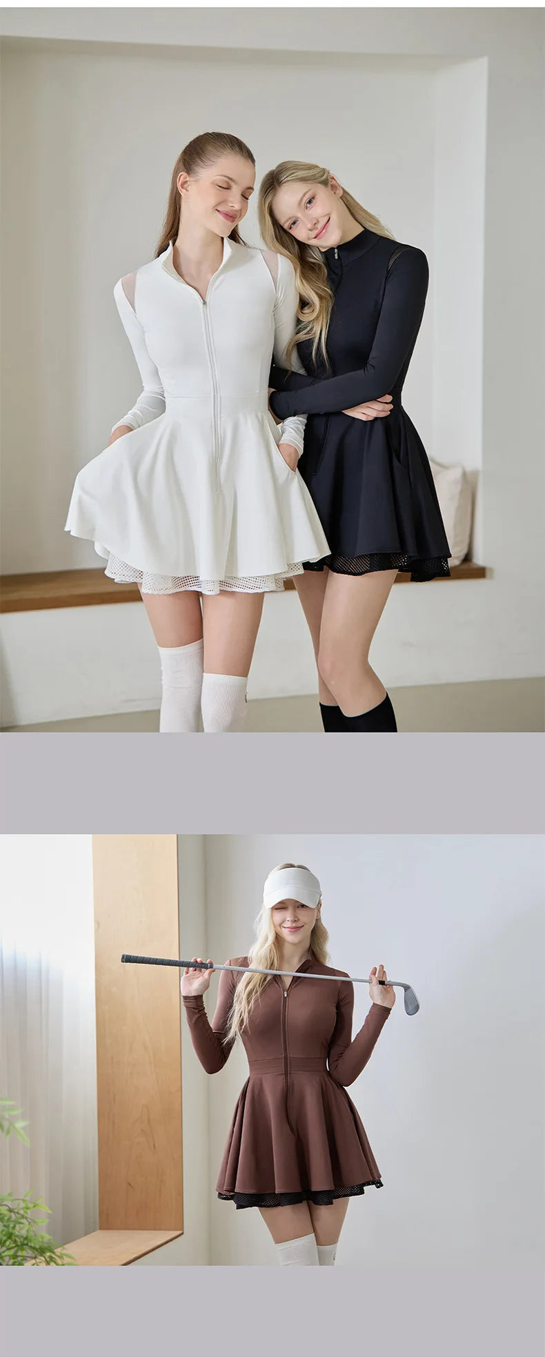 Spring Autumn Tennis Dress with Short Women Lace Ruffle Golf Sports Dresses Long Sleeve Sexy Zipper Skirt Exercise Yoga Clothing