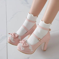 New high-heeled women's single shoes, white lace frills princess shoes, cute pink student party gathering high heels, thick-heel - Buy online at  Vibe In Cart.