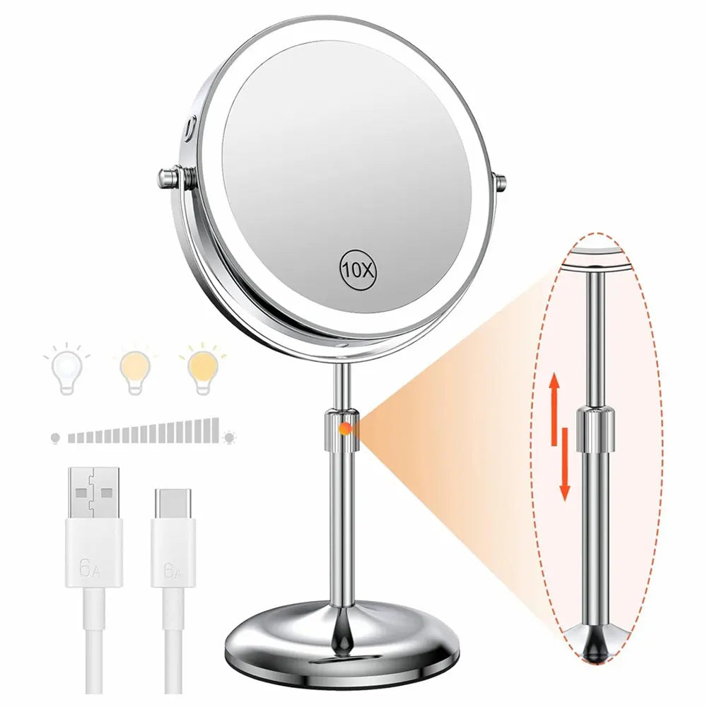 8 Inch Standing Makeup Mirror with 10X Magnification and 3 Color Lights