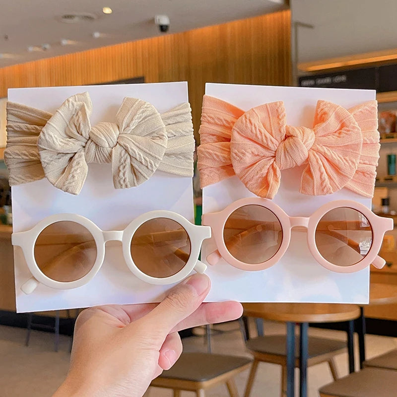 2 Pcs/Set New Children Solid Color Cotton Bowknot Wide Hairband Round Sunglasses Set Baby Girls Sunglasses Kids Hair Accessories - Buy online at  Vibe In Cart.