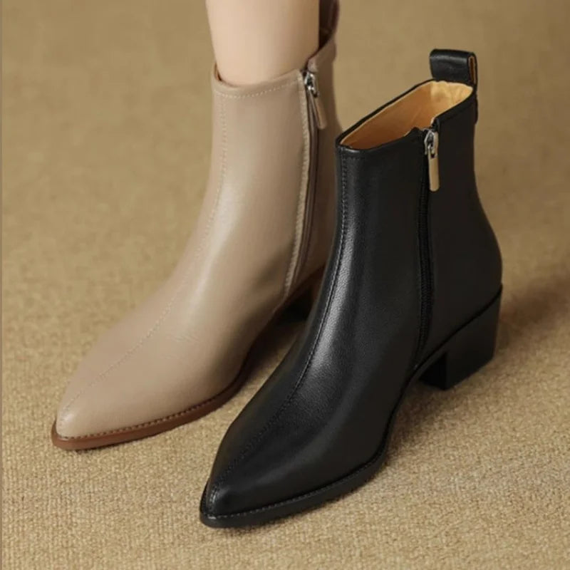 2025 New Women's  Ankle Boots - Minimalist Pointed Toe Mid Heel Booties with Soft Leather & Side Zipper, Slimming Fashion Boots - Buy online at  Vibe In Cart.