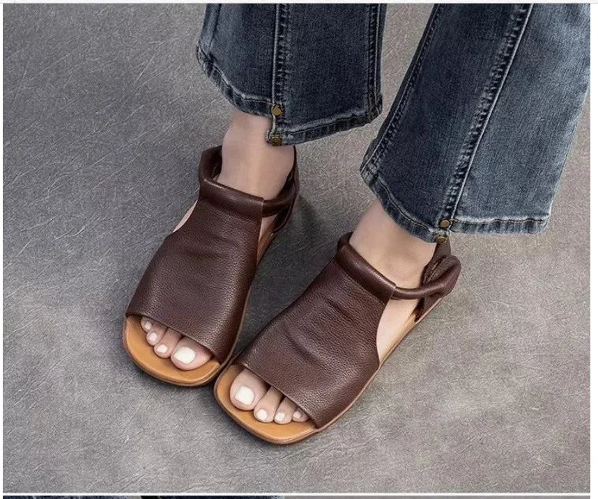 2025 Summer New Women's Peep Toe Flat Sandals - Retro Soft Leather Breathable Comfortable Versatile Casual Shoes - Buy online at  Vibe In Cart.