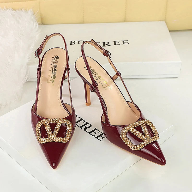 Women Metal Decoration 9cm High Heels Sandals Female Patent Leather Back Strap Pumps Lady Pointed-toe Shallow Crystal Shoes - Buy online at  Vibe In Cart.