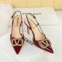 Women Metal Decoration 9cm High Heels Sandals Female Patent Leather Back Strap Pumps Lady Pointed-toe Shallow Crystal Shoes - Buy online at  Vibe In Cart.