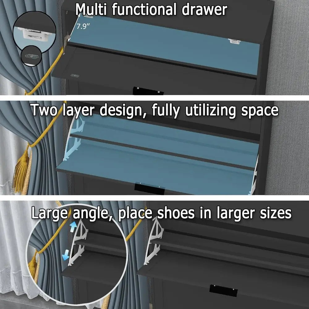 Contemporary Black Wood Shoe Storage Cabinet - Slim 3-Tier Freestanding Entryway Rack - Buy online at  Vibe In Cart.