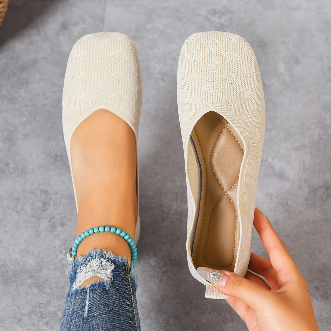 New 2026 Spring/autumn Square Toe Flat Office Boat Solid Color Knitted Slip on Shoes Casual Ballet Flats Shoes Women Loafers - Buy online at  Vibe In Cart.