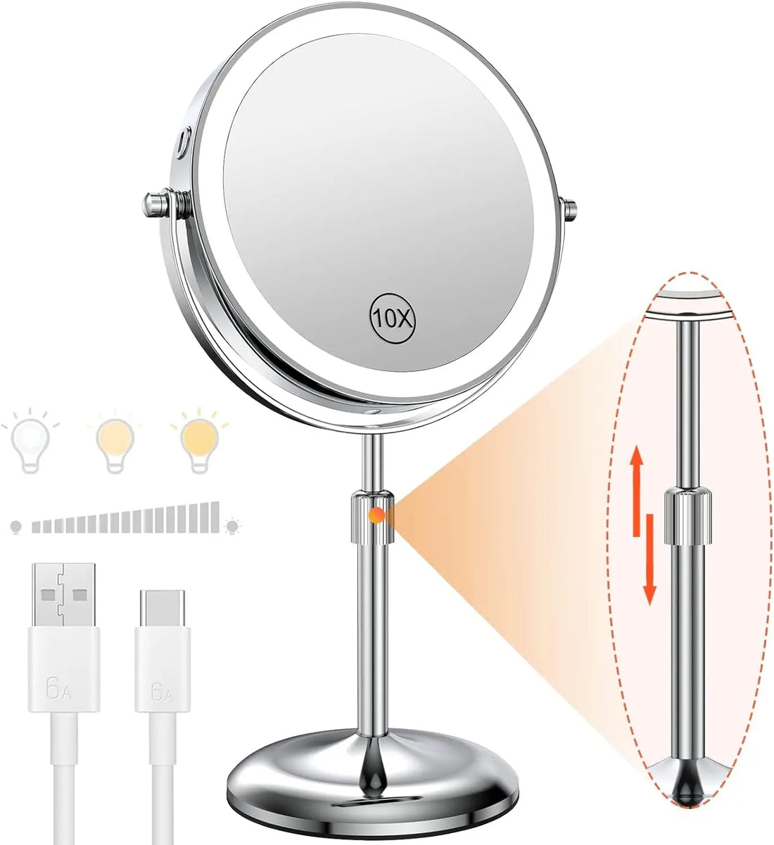 8 Inch Makeup Mirror With Light Lamp 10X Magnification 3 Color Lights,Adjustable Brightness Height Standing Cosmetic Mirror - Buy online at  Vibe In Cart.