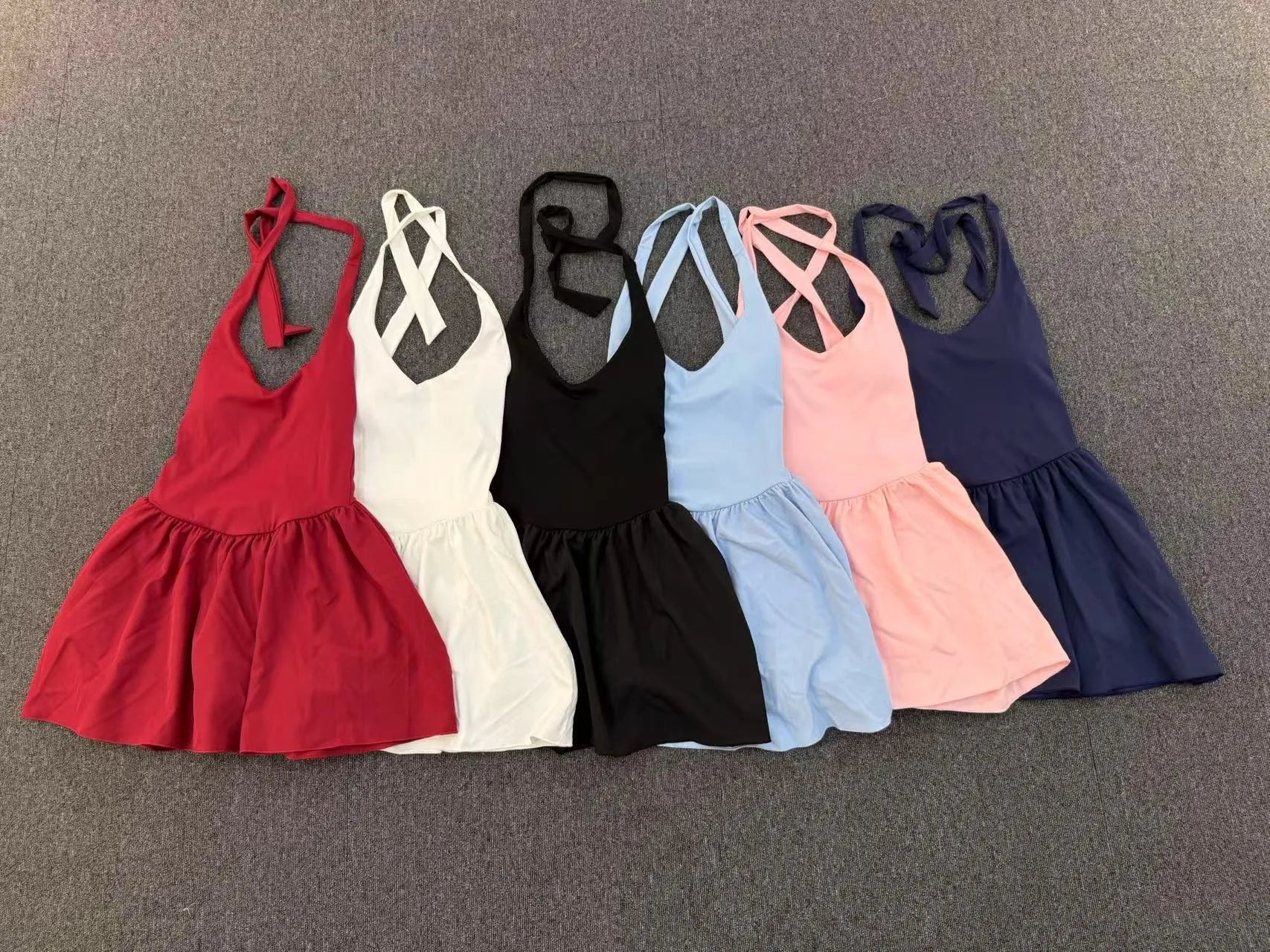 Hanging Neck Tennis Dress Women Solid Color Sleeveless Sports One Piece Pocket Suits Outdoor Running Fitness Yoga Golf Dresses