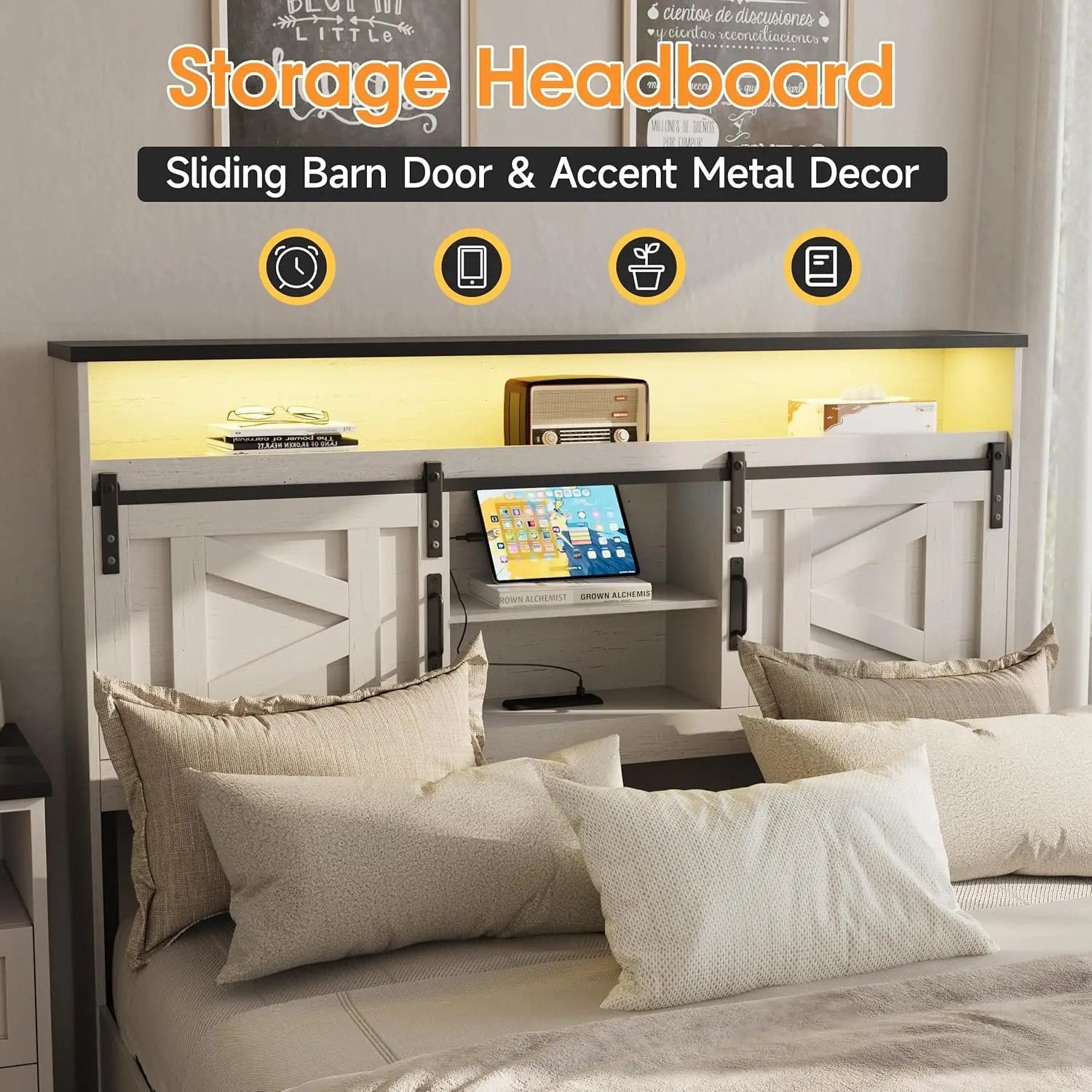 Vabches Bed Frame Queen with 4 Drawer&Storage Headboard Platform Bed Frame with LED Light& Power Strip&Sliding Barn Door Bedroom - Buy online at  Vibe In Cart.