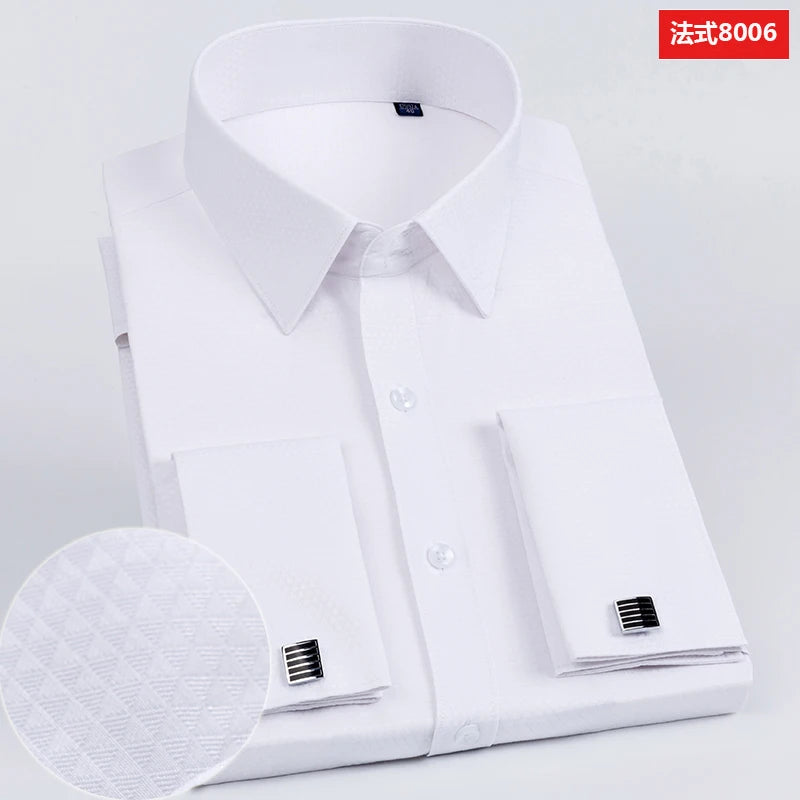 Men's Slim Fit Long Sleeved Solid Color Cotton Polyester Shirt with French Cufflinks