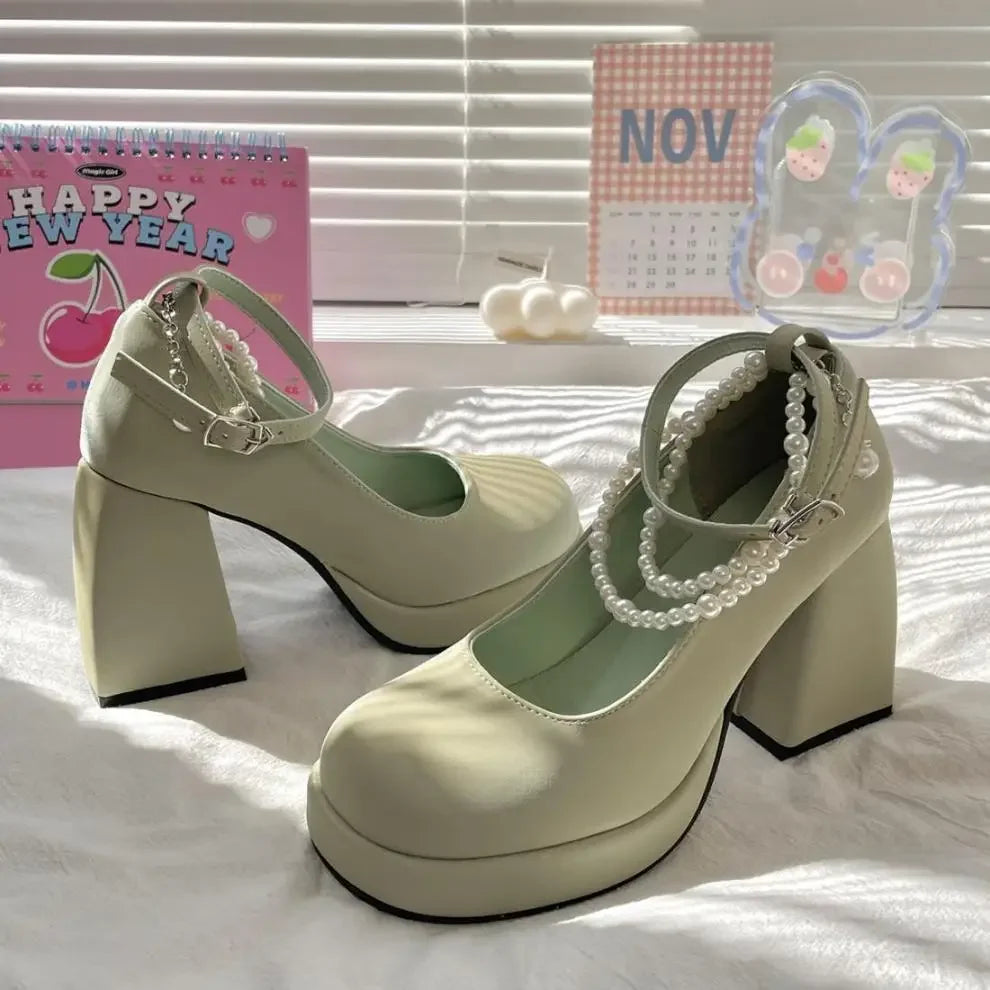 French Style Women's High Heels Spring Versatile Barbie Shoes Waterproof Platform Fairy Style round Toe Mid Heel Single Shoes - Buy online at  Vibe In Cart.